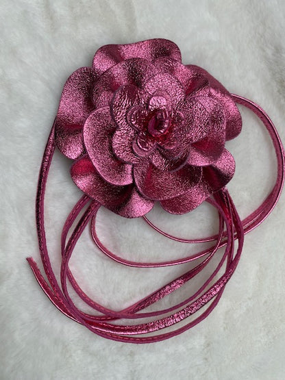 CEINTURE CUIR FLEUR  FUSHIA