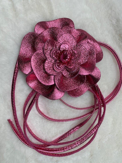 CEINTURE CUIR FLEUR  FUSHIA