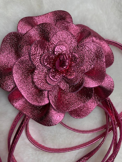 CEINTURE CUIR FLEUR  FUSHIA