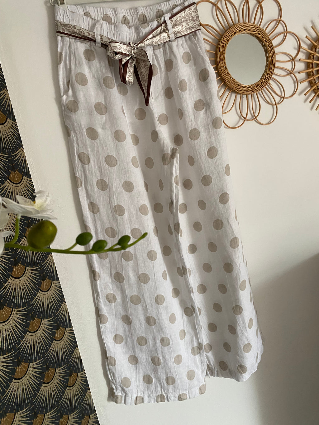 PANTALON LIN POIS  BLANC TU 36/42 PETIT 44