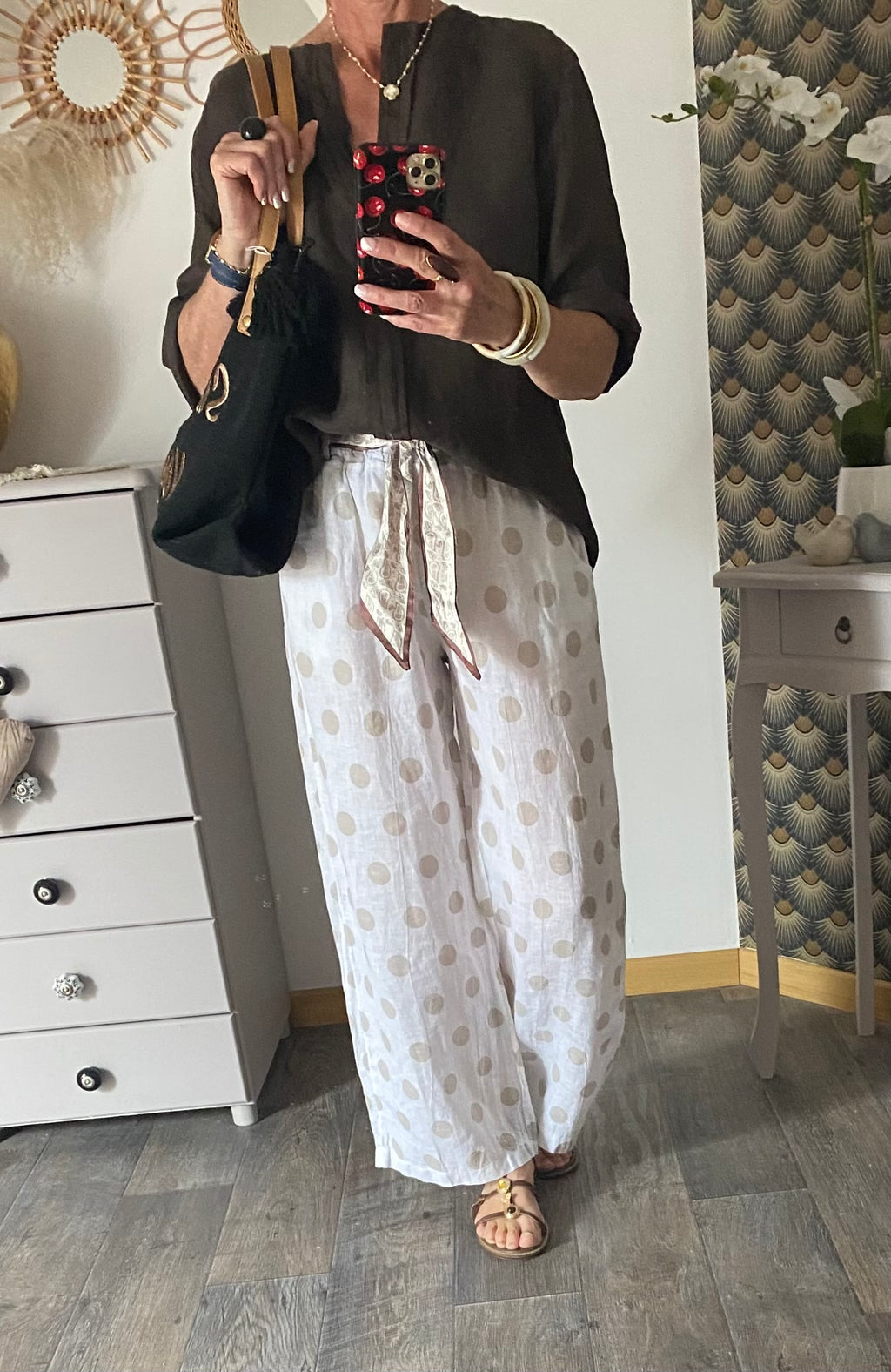 PANTALON LIN POIS  BLANC TU 36/42 PETIT 44