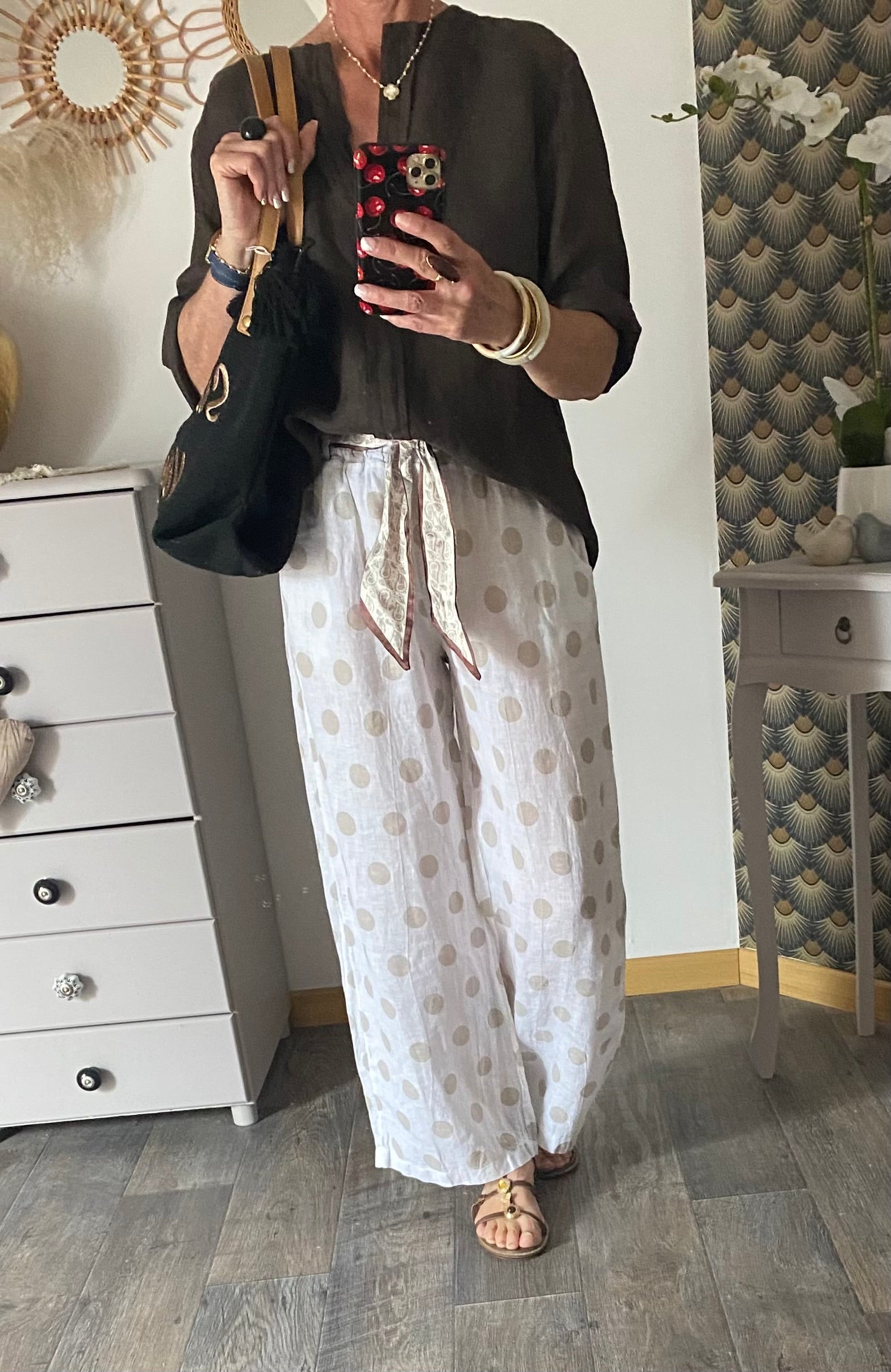 PANTALON LIN POIS  BLANC TU 36/42 PETIT 44