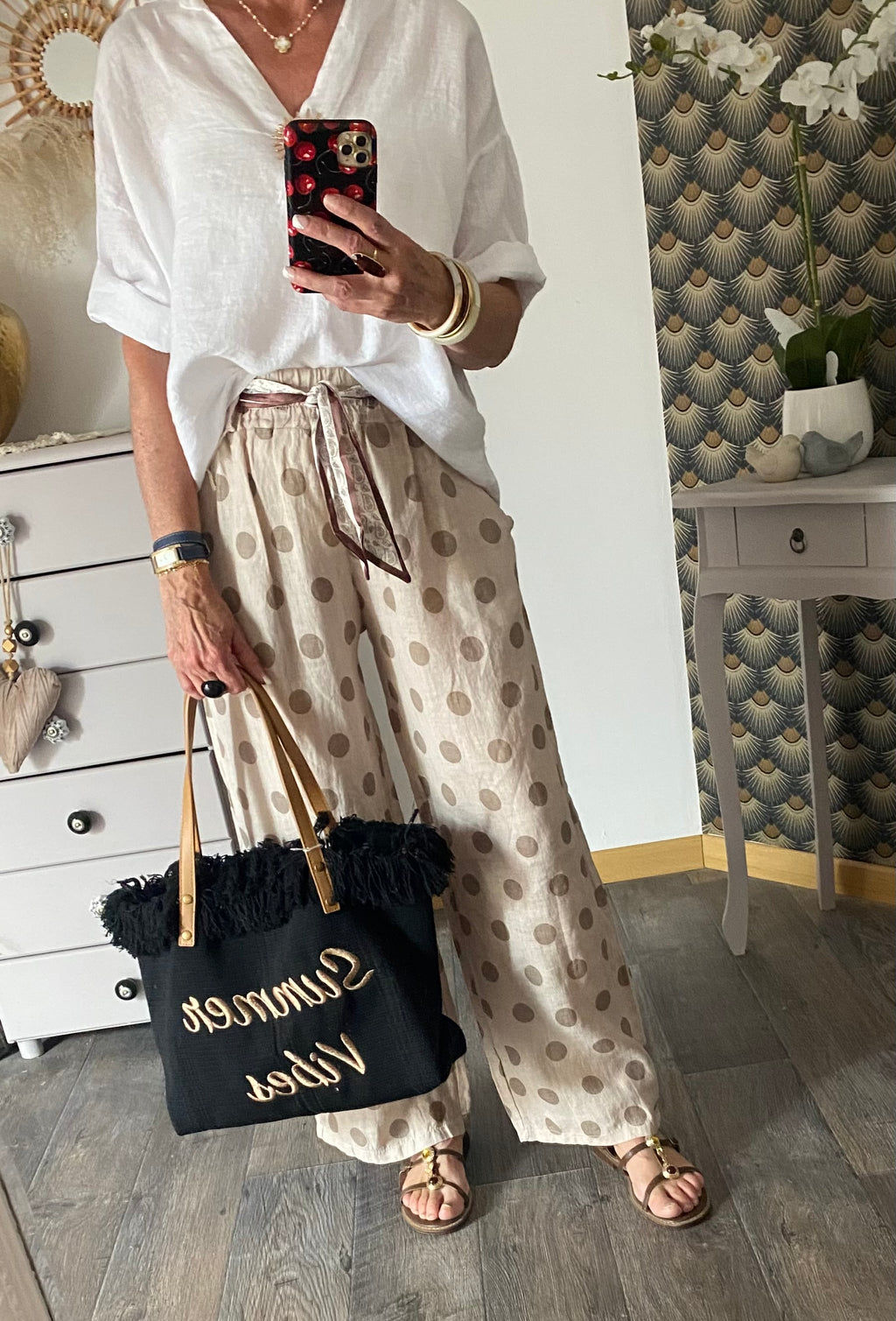 PANTALON LIN POIS  BEIGE TU 36/42 PETIT 44