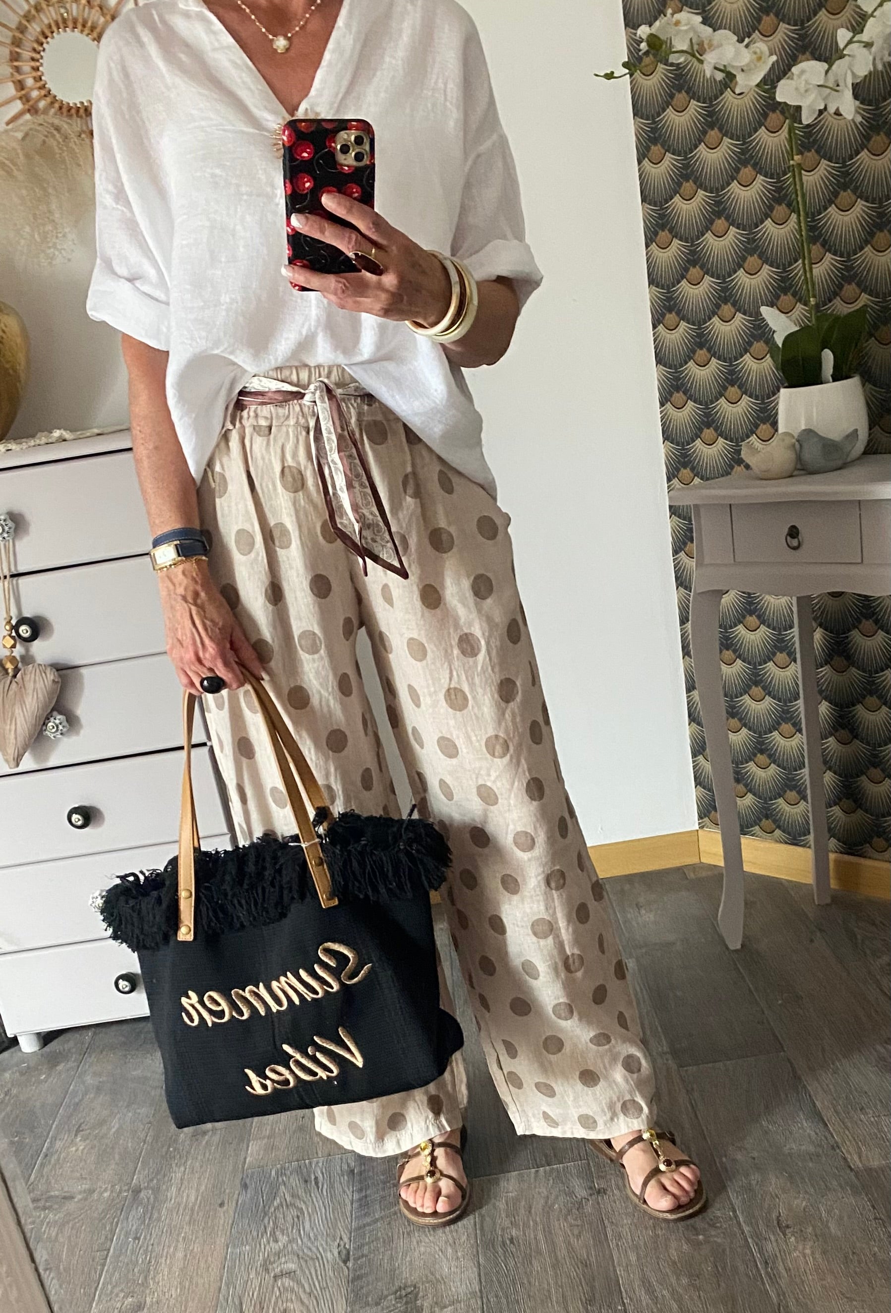 PANTALON LIN POIS  BEIGE TU 36/42 PETIT 44