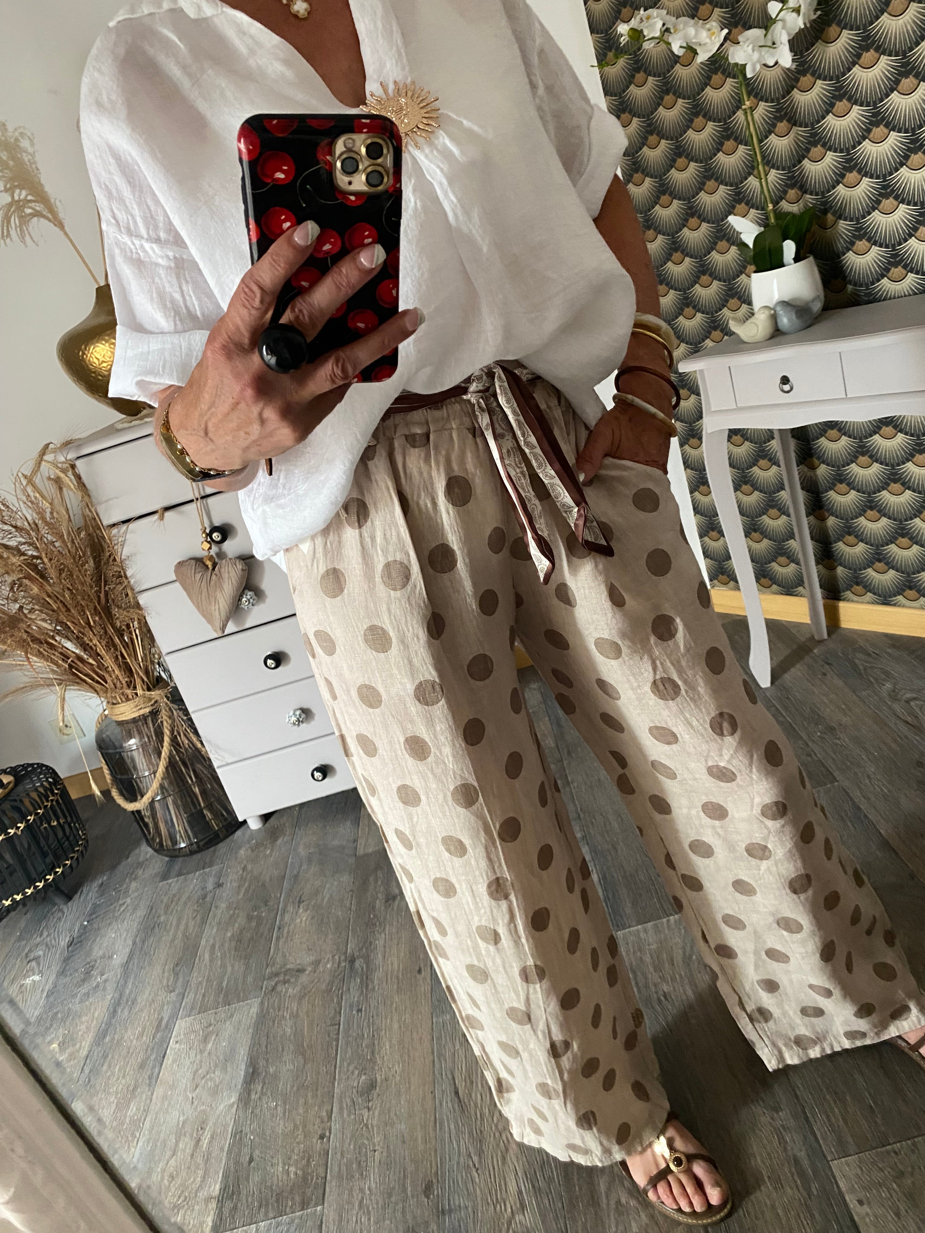 PANTALON LIN POIS  BEIGE TU 36/42 PETIT 44