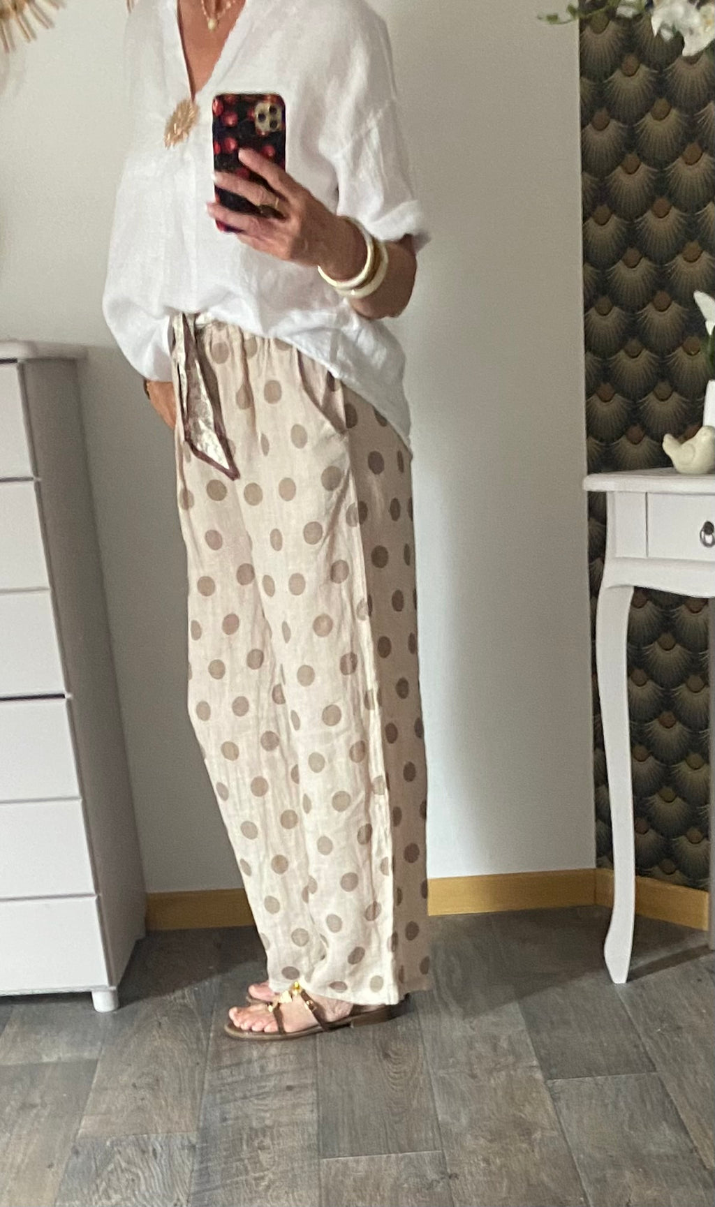 PANTALON LIN POIS  BEIGE TU 36/42 PETIT 44