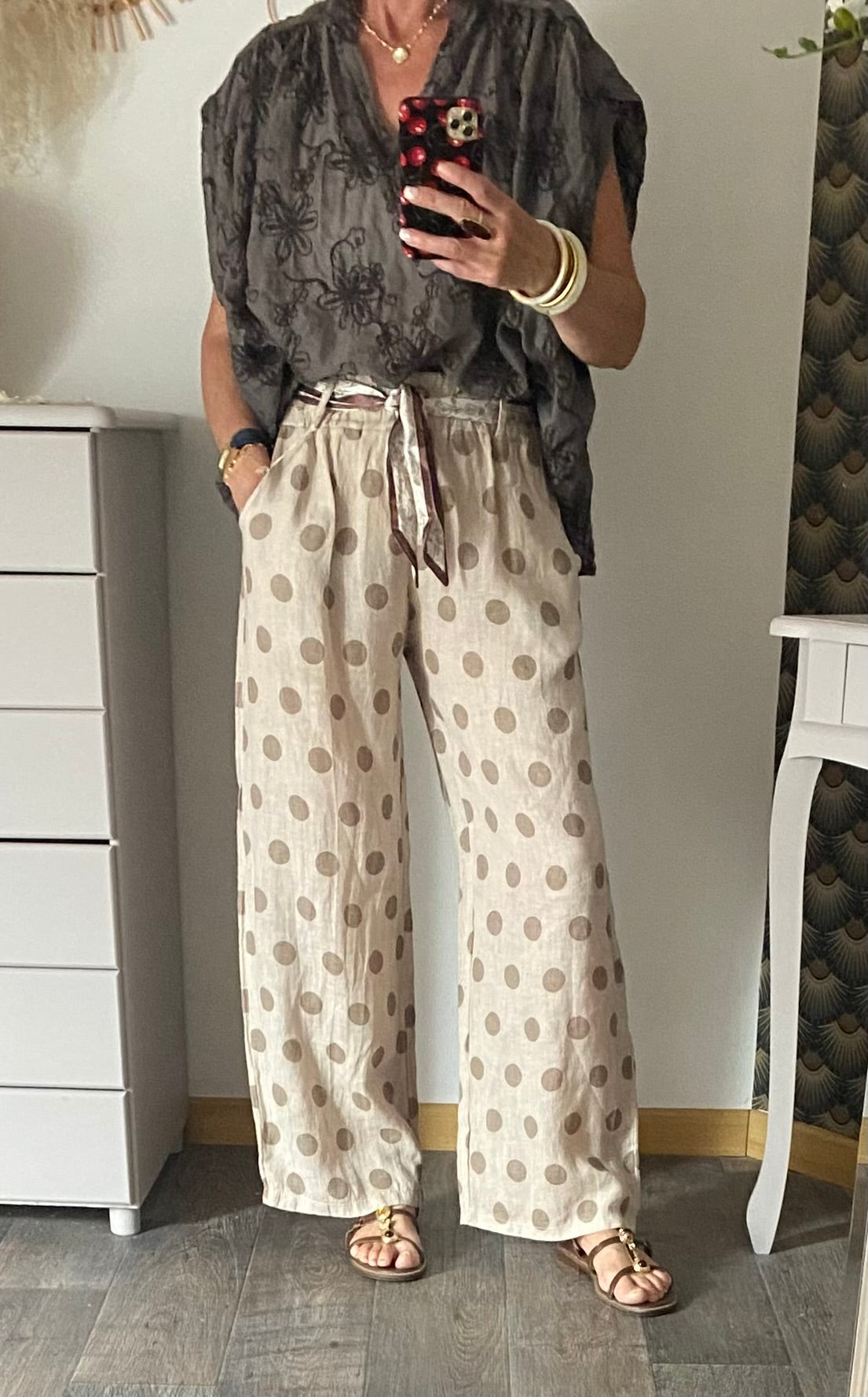 PANTALON LIN POIS  BEIGE TU 36/42 PETIT 44