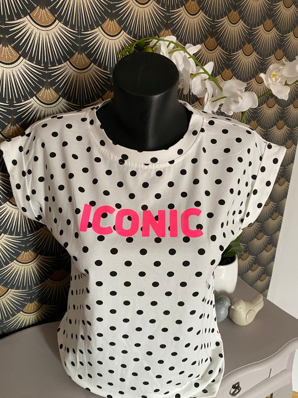 T-SHIRT ICONIC BLANC  POIS NOIR  TU 34/40