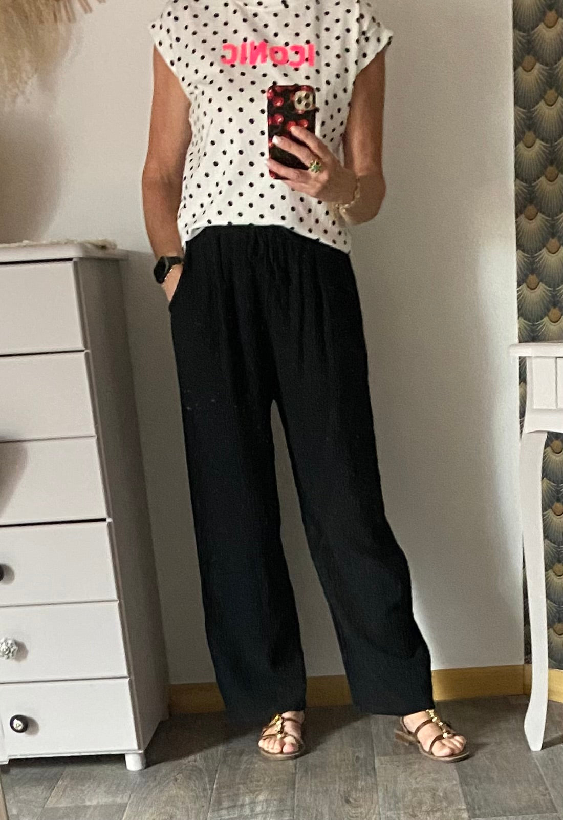 T-SHIRT ICONIC BLANC  POIS NOIR  TU 34/40