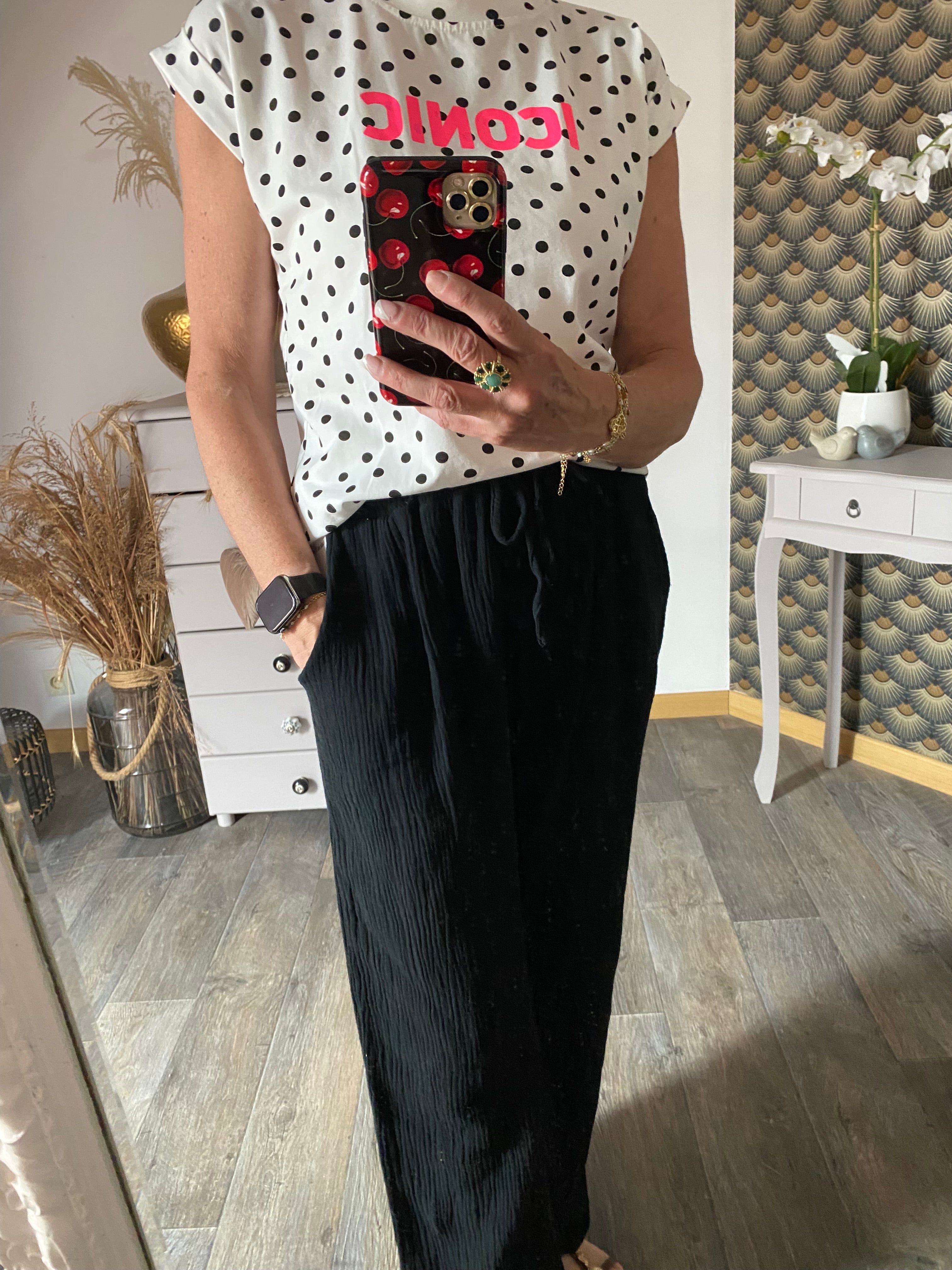T-SHIRT ICONIC BLANC  POIS NOIR  TU 34/40
