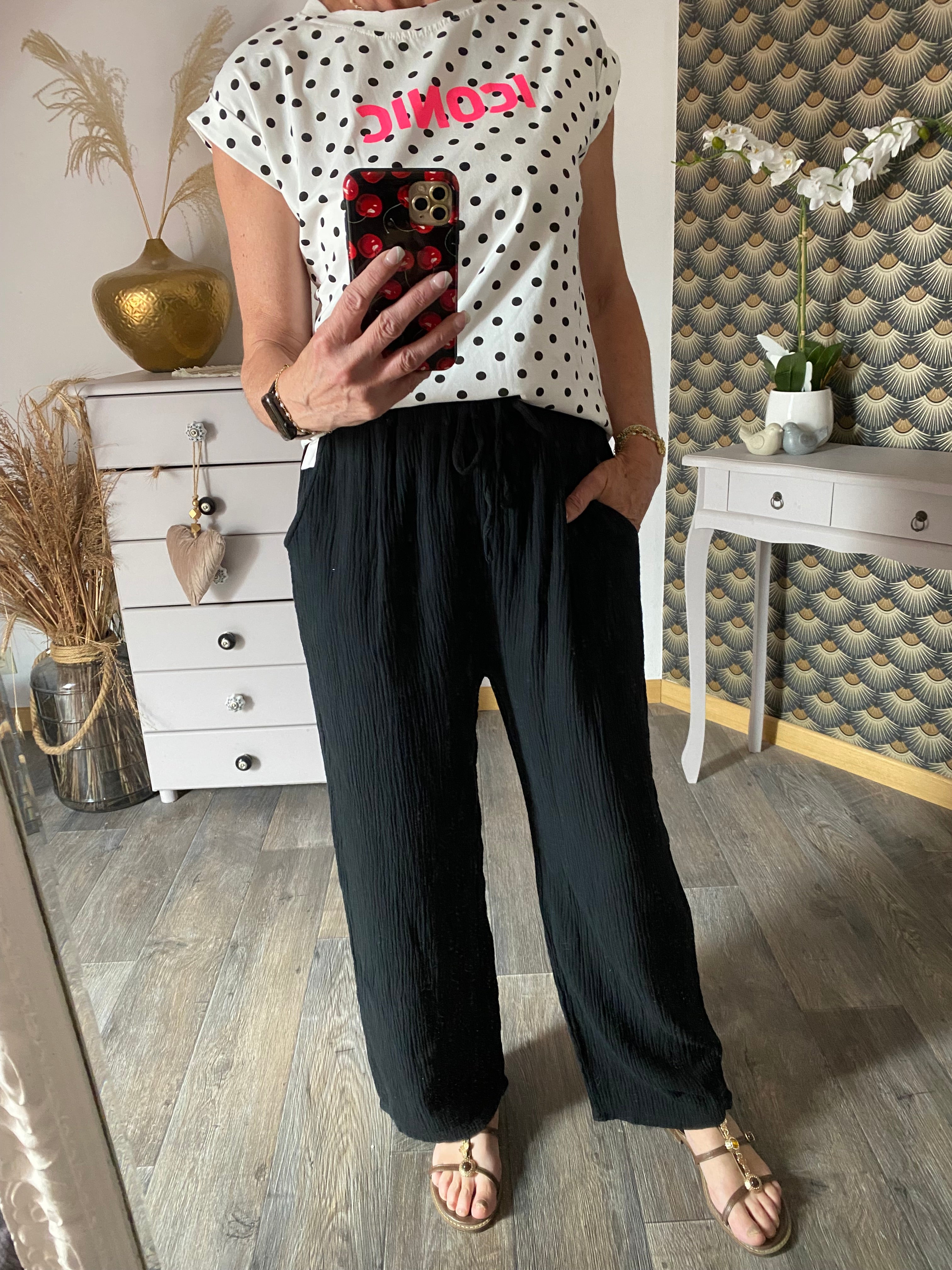 T-SHIRT ICONIC BLANC  POIS NOIR  TU 34/40
