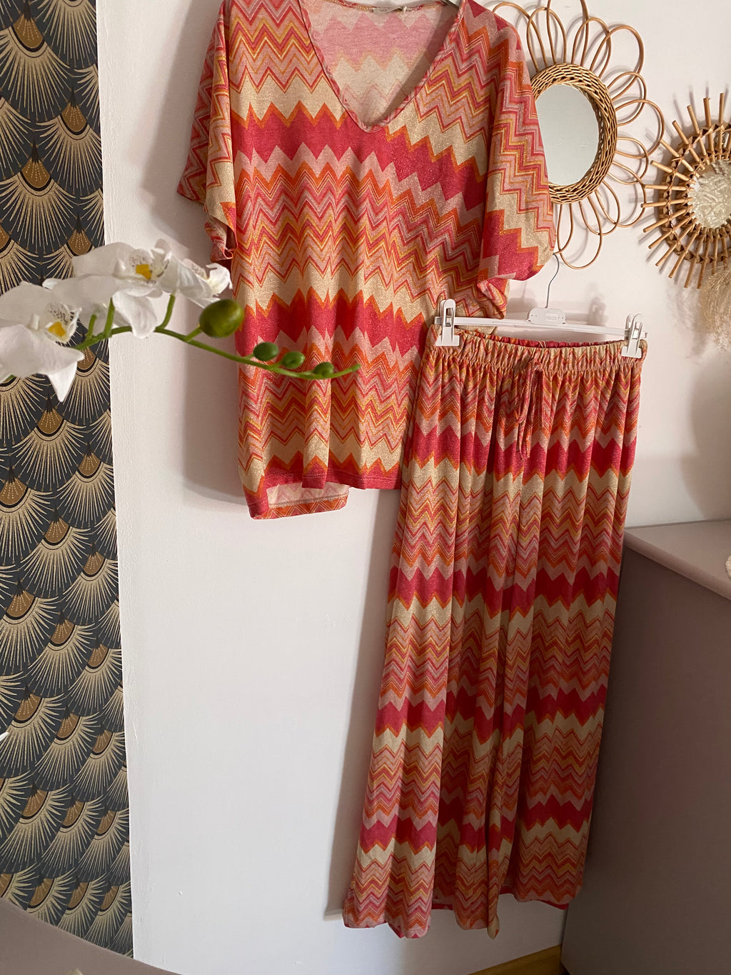 ENSEMBLE PANTALON ET TOP LUREX  FUSHIA  TU 38/48