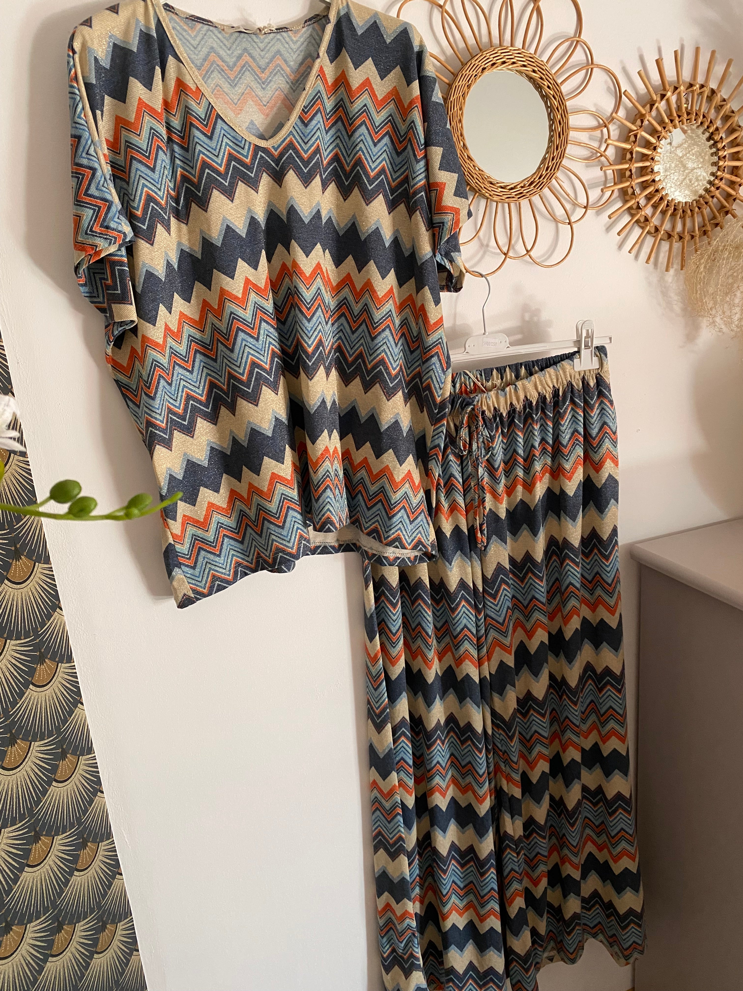 ENSEMBLE PANTALON ET TOP LUREX  BLEU MARINE  TU 38/48