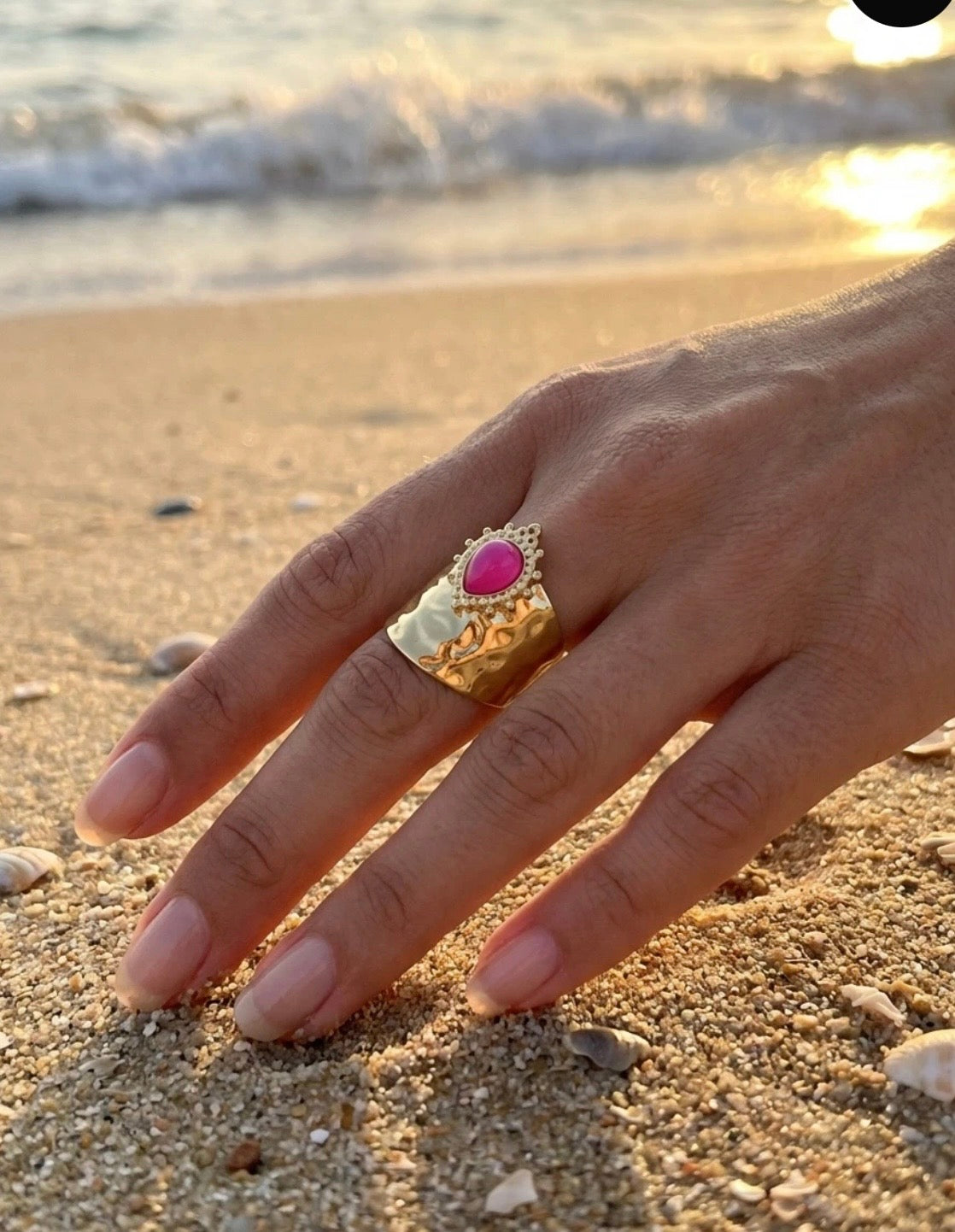 BAGUE GOUTTE FUSHIA  ACIER INOXYDABLE