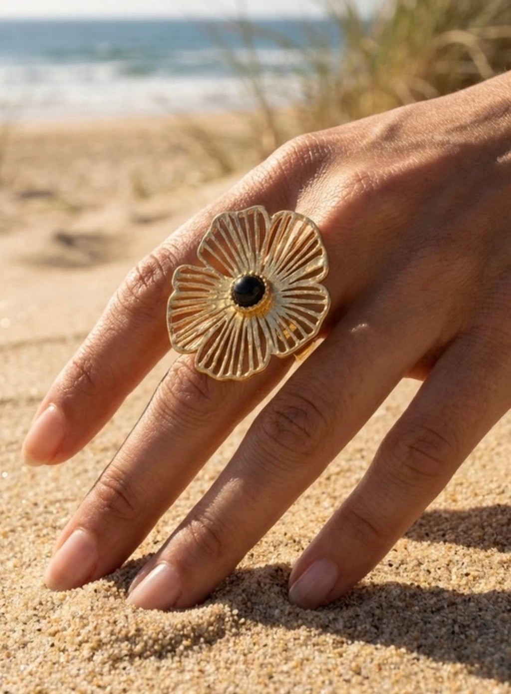 BAGUE FLEUR NOIRE   ACIER INOXYDABLE
