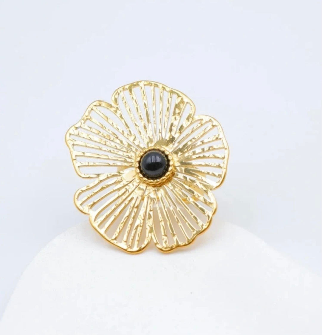 BAGUE FLEUR NOIRE   ACIER INOXYDABLE