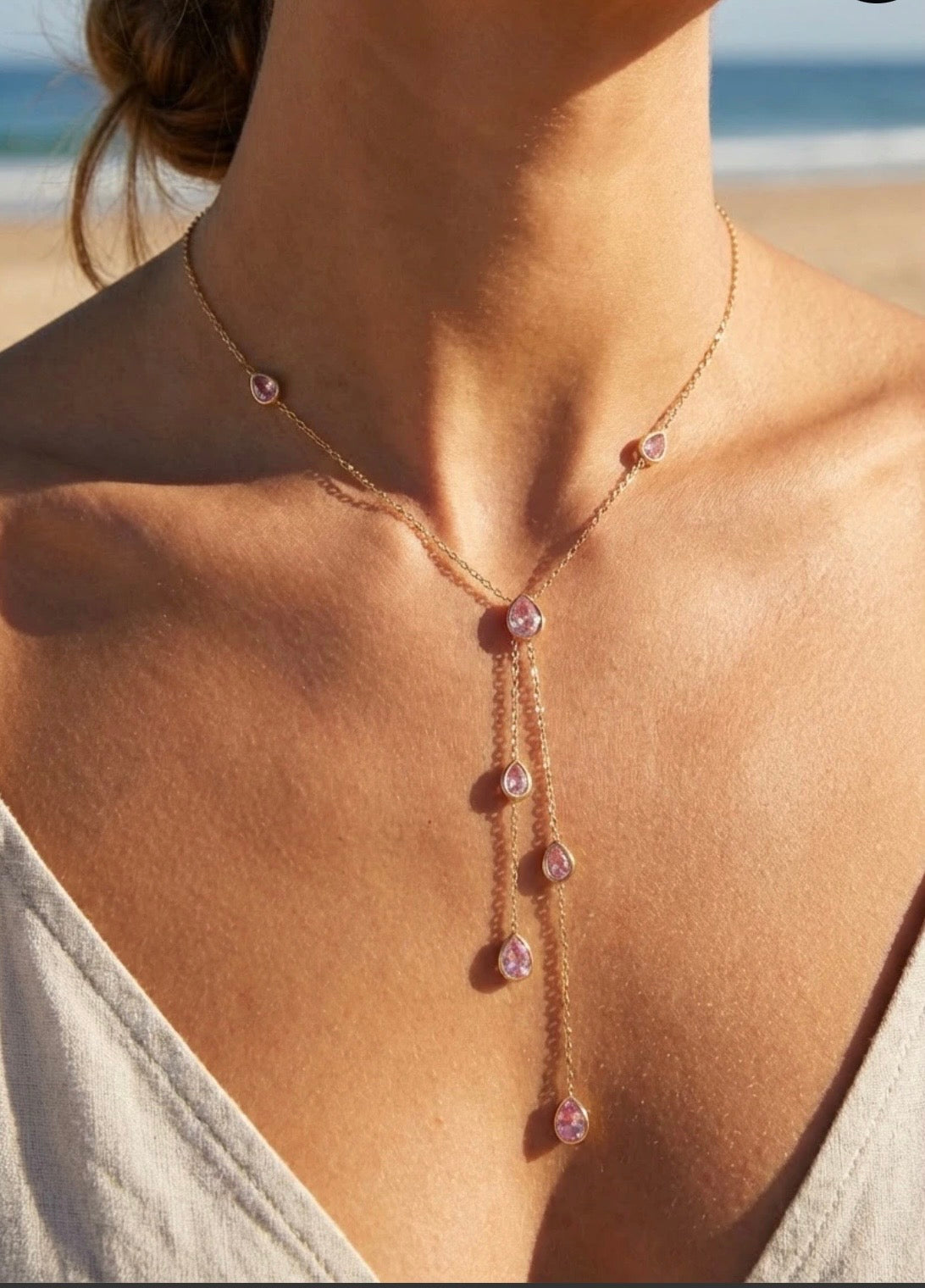 COLLIER CRISTAL Y, ACIER INOXYDABLE ROSE
