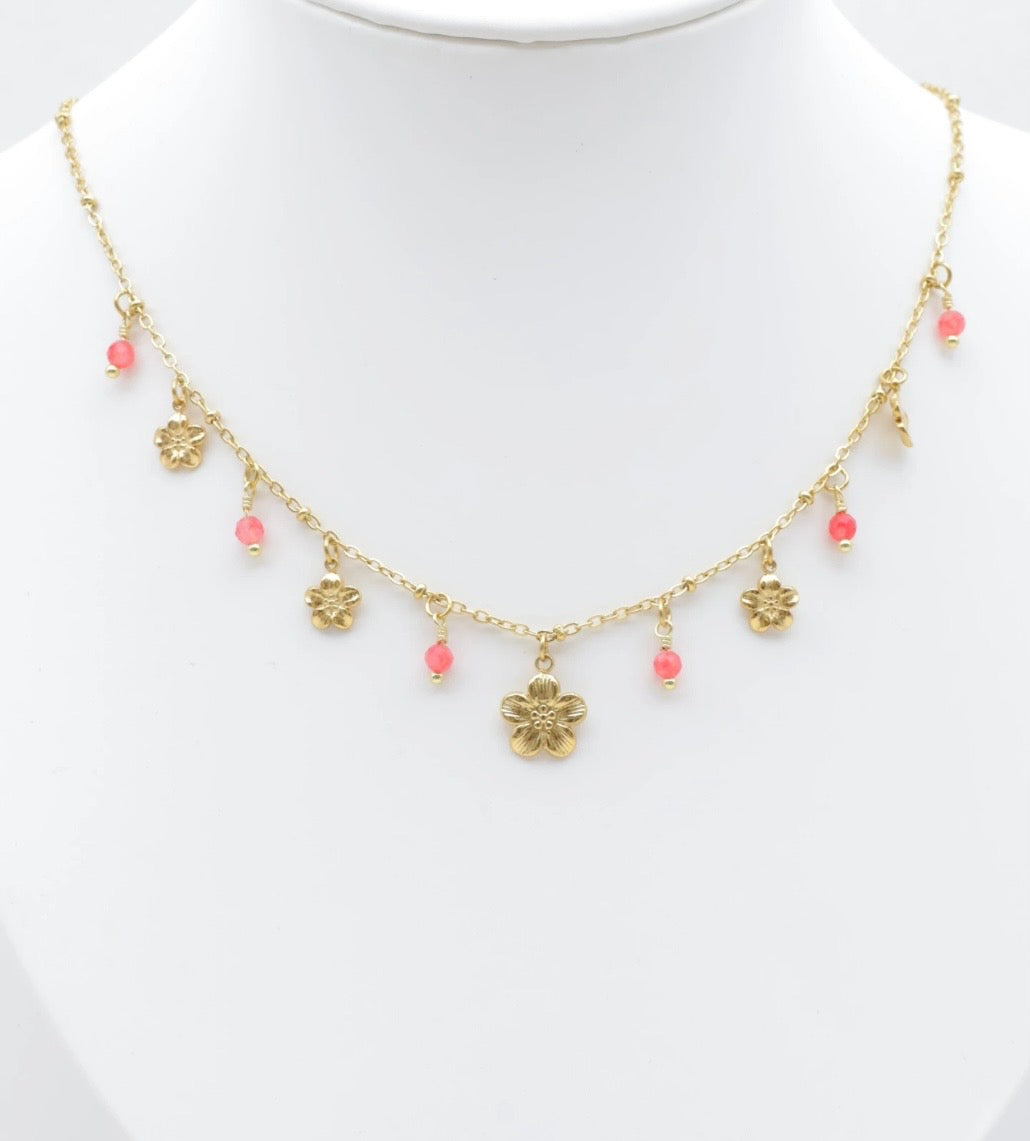 COLLIER FLEUR PERLES ROSES ACIER INOXYDABLE DORE
