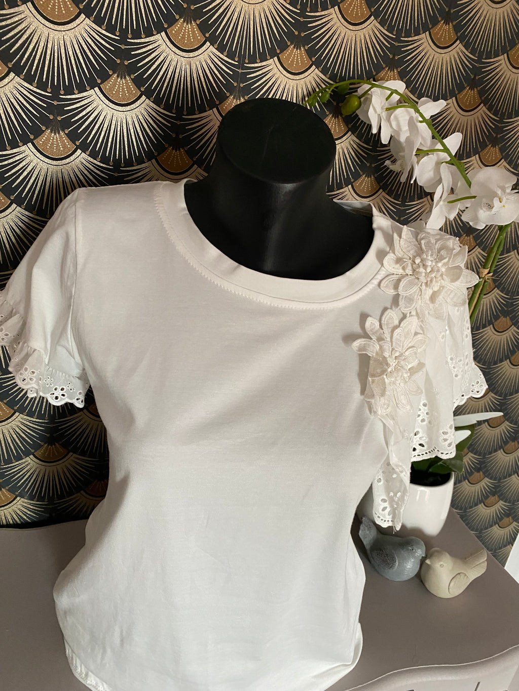 T-SHIRT FLEUR BLANC TU 36/42 PETIT 44