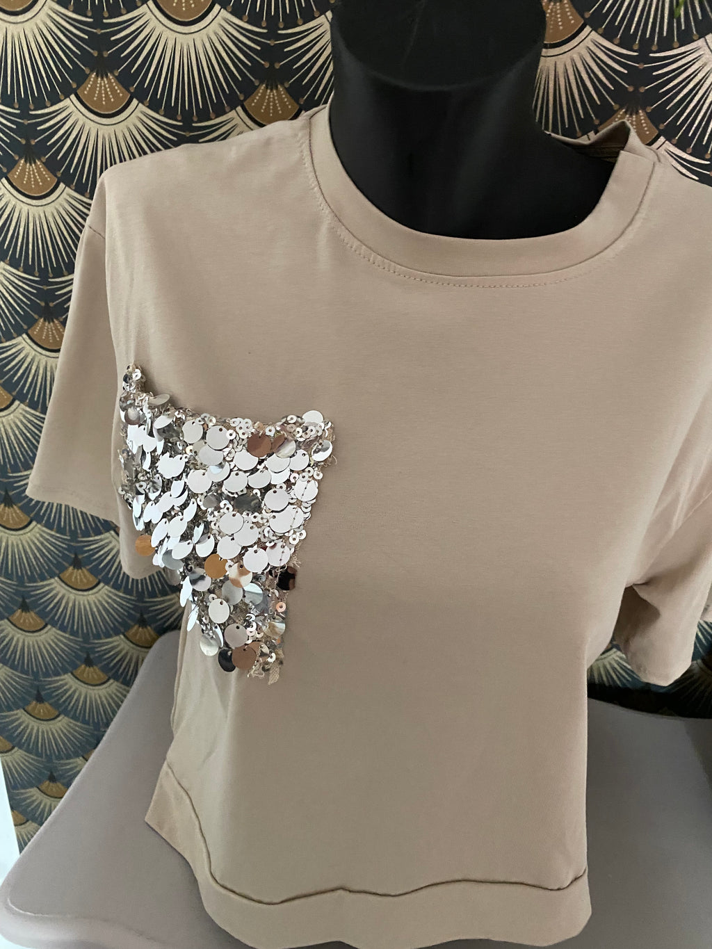 TOP ASYMETRIQUE SEQUINS BEIGE TU 36/42