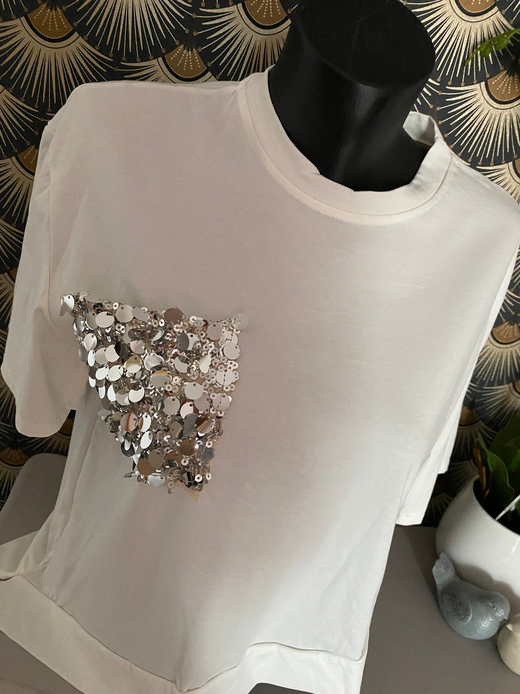 TOP ASYMETRIQUE SEQUINS BLANC TU 36/42