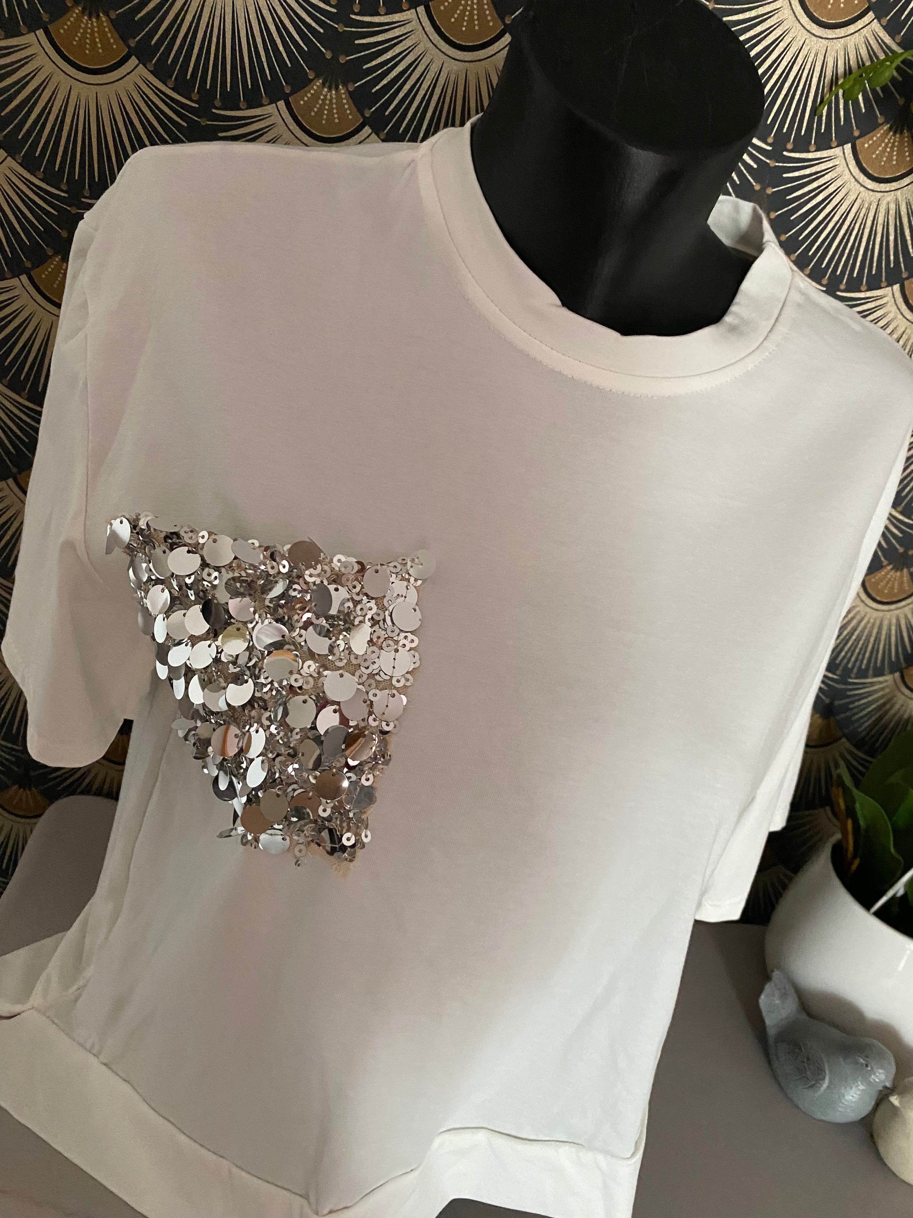 TOP ASYMETRIQUE SEQUINS BLANC TU 36/42