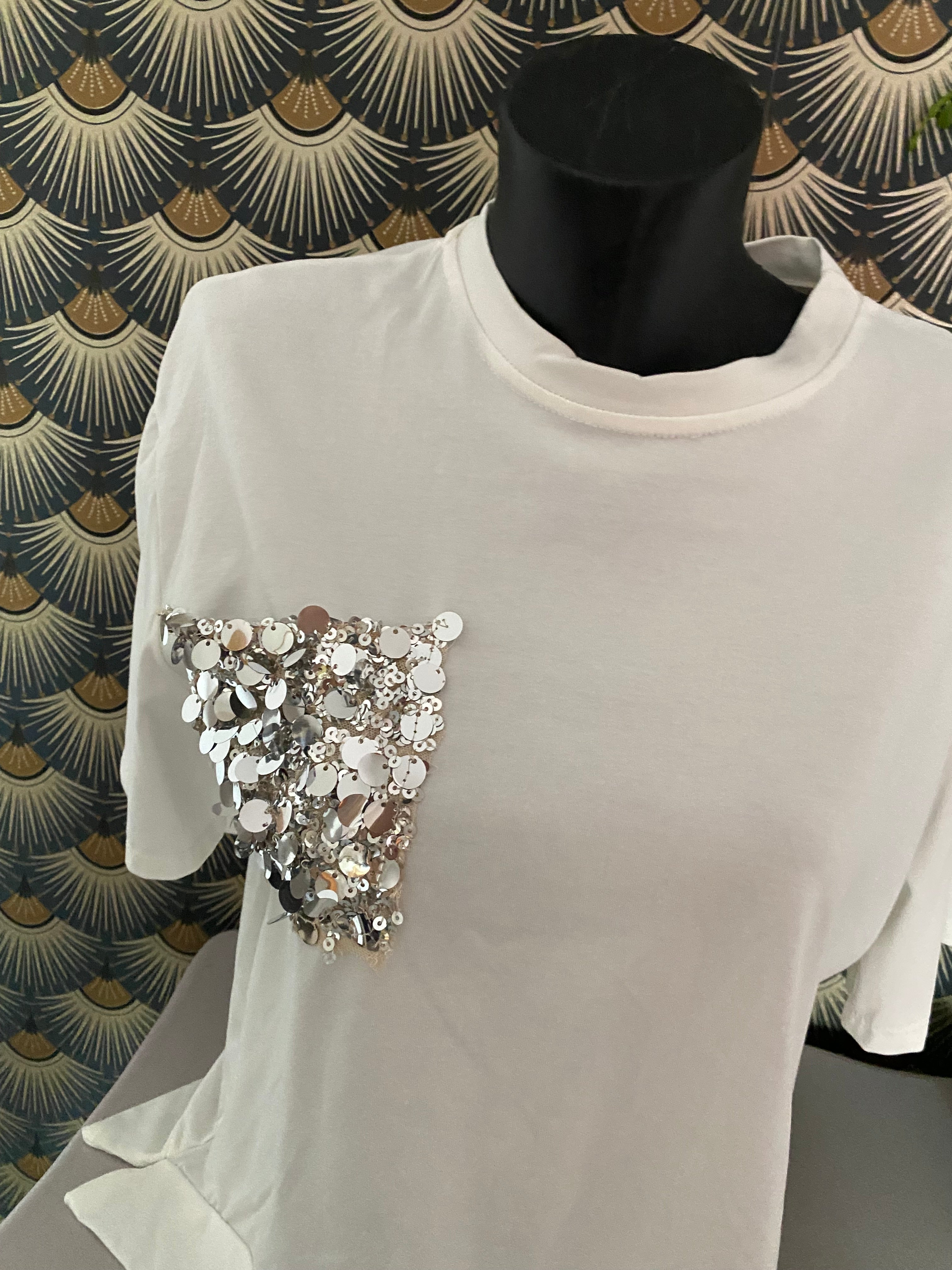 TOP ASYMETRIQUE SEQUINS BLANC TU 36/42