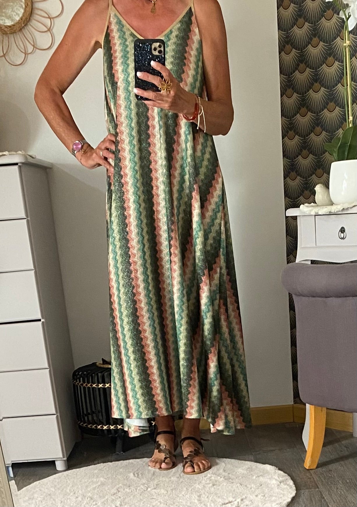 ROBE LUREX BRETELLES FINES KAKI  36/44