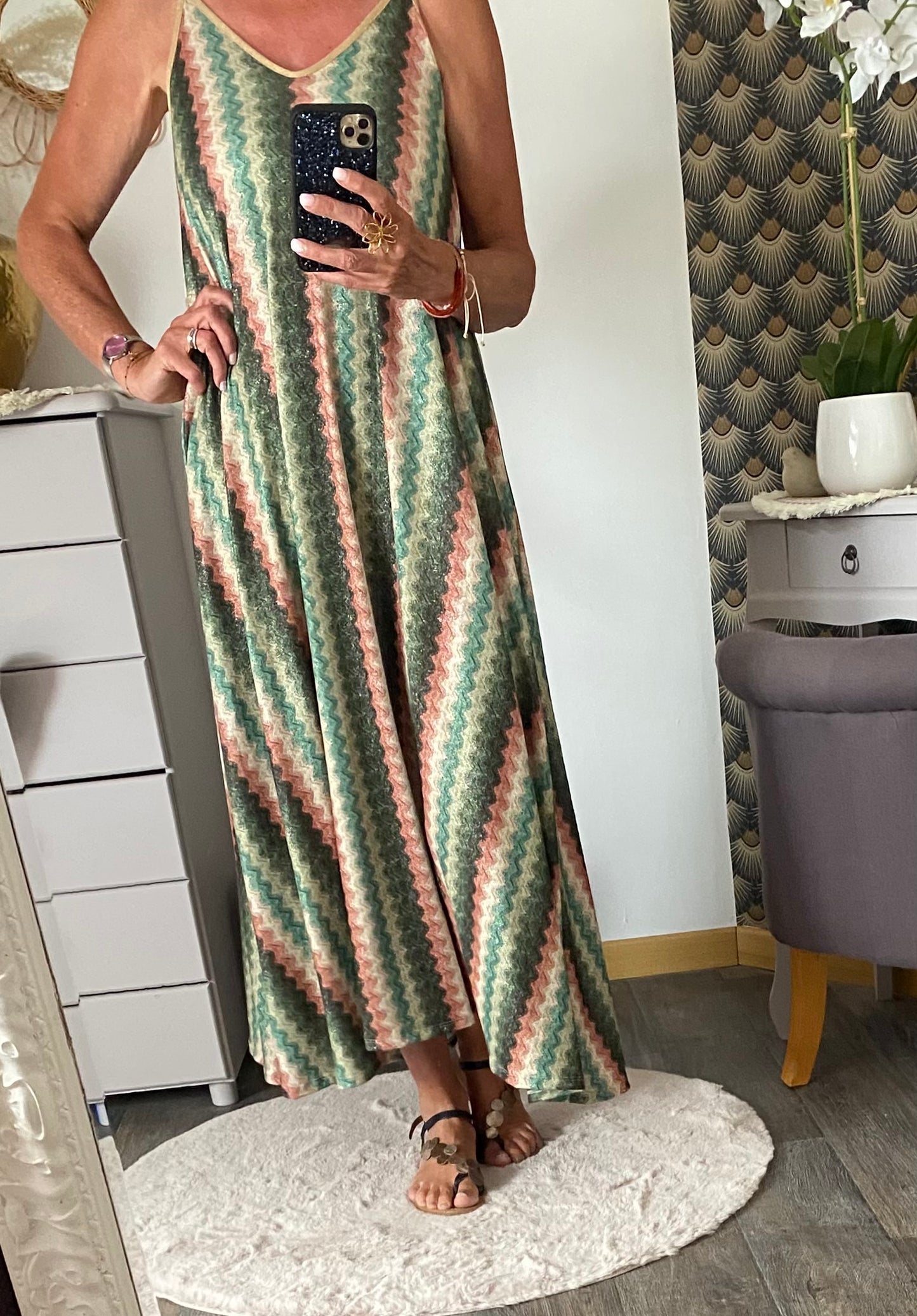 ROBE LUREX BRETELLES FINES KAKI  36/44
