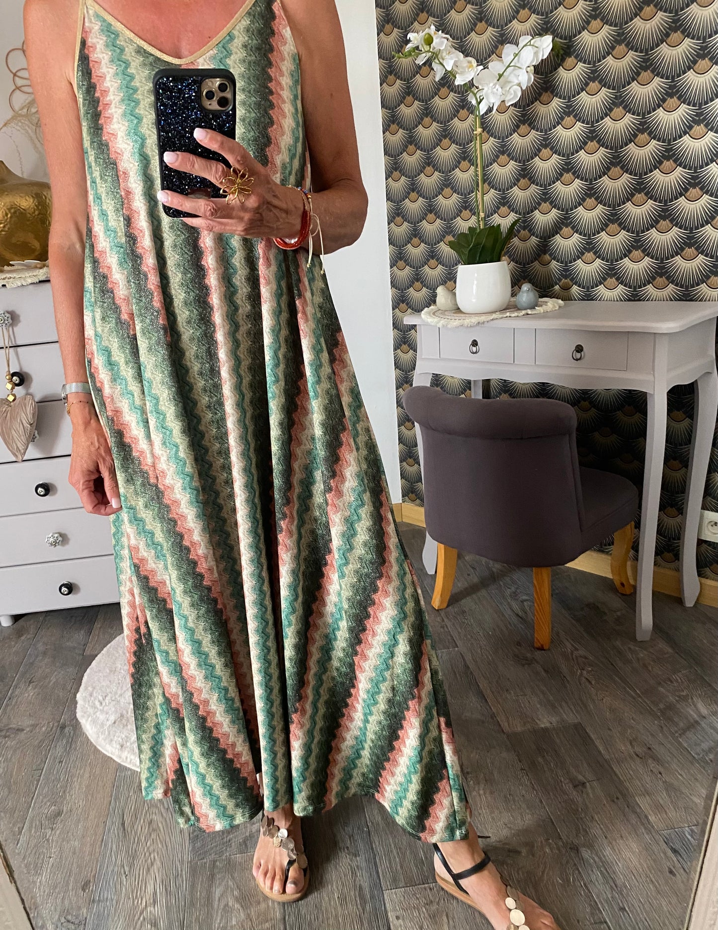 ROBE LUREX BRETELLES FINES KAKI  36/44