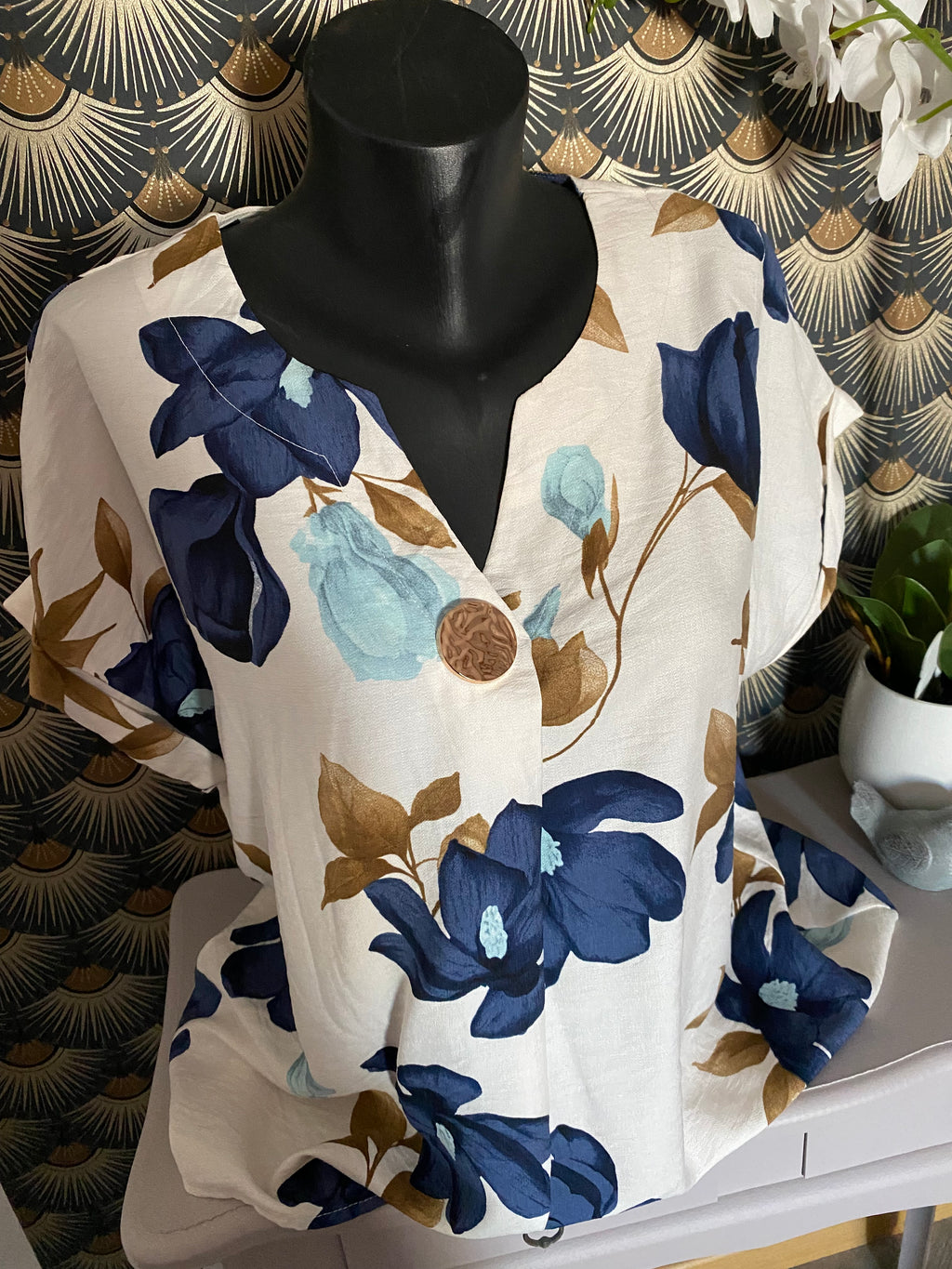 TOP VISCOSE FLEUR BLEU MARINE   TU 38/46