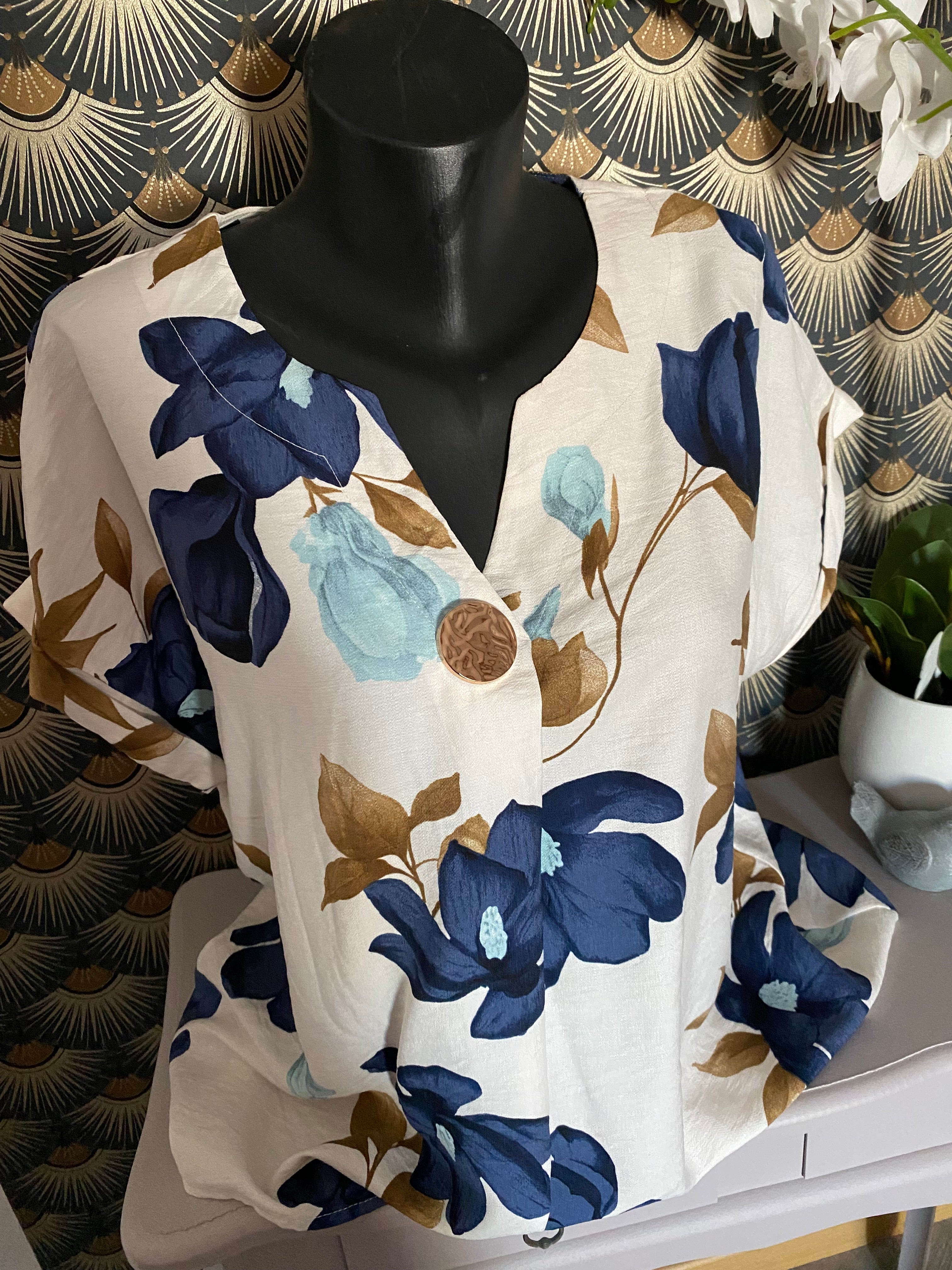 TOP VISCOSE FLEUR BLEU MARINE   TU 38/46