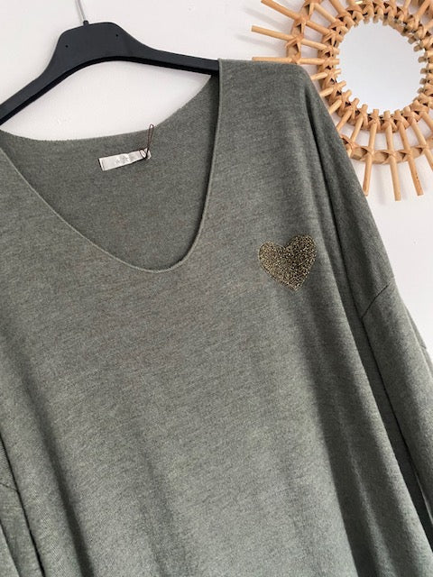 PULL FIN COEUR DORE   KAKI  36/44