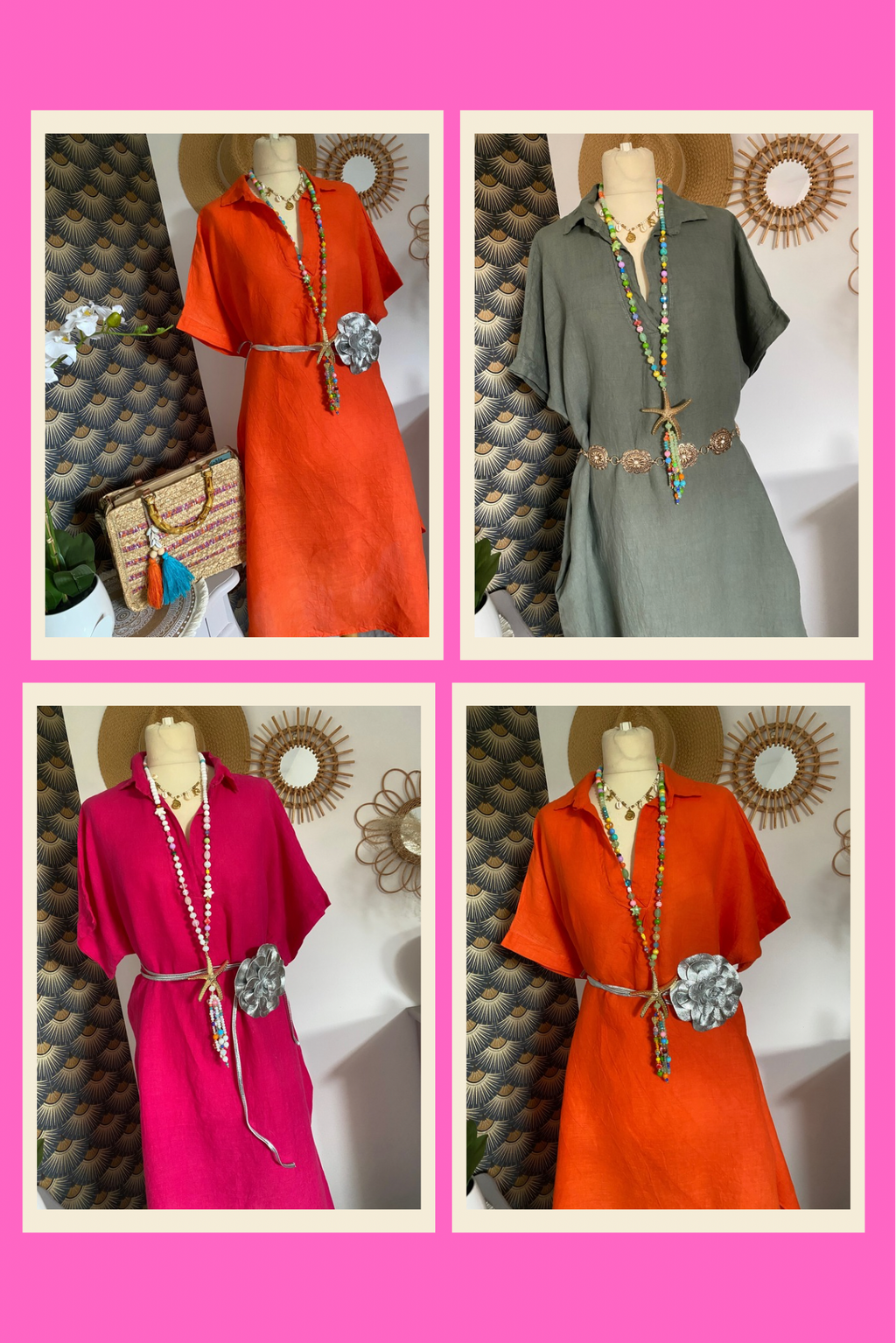 ROBES  LIN BELLE TAILLE  44/48  TROIS COLORIS ( KAKI,FUSHIA , ORANGE )