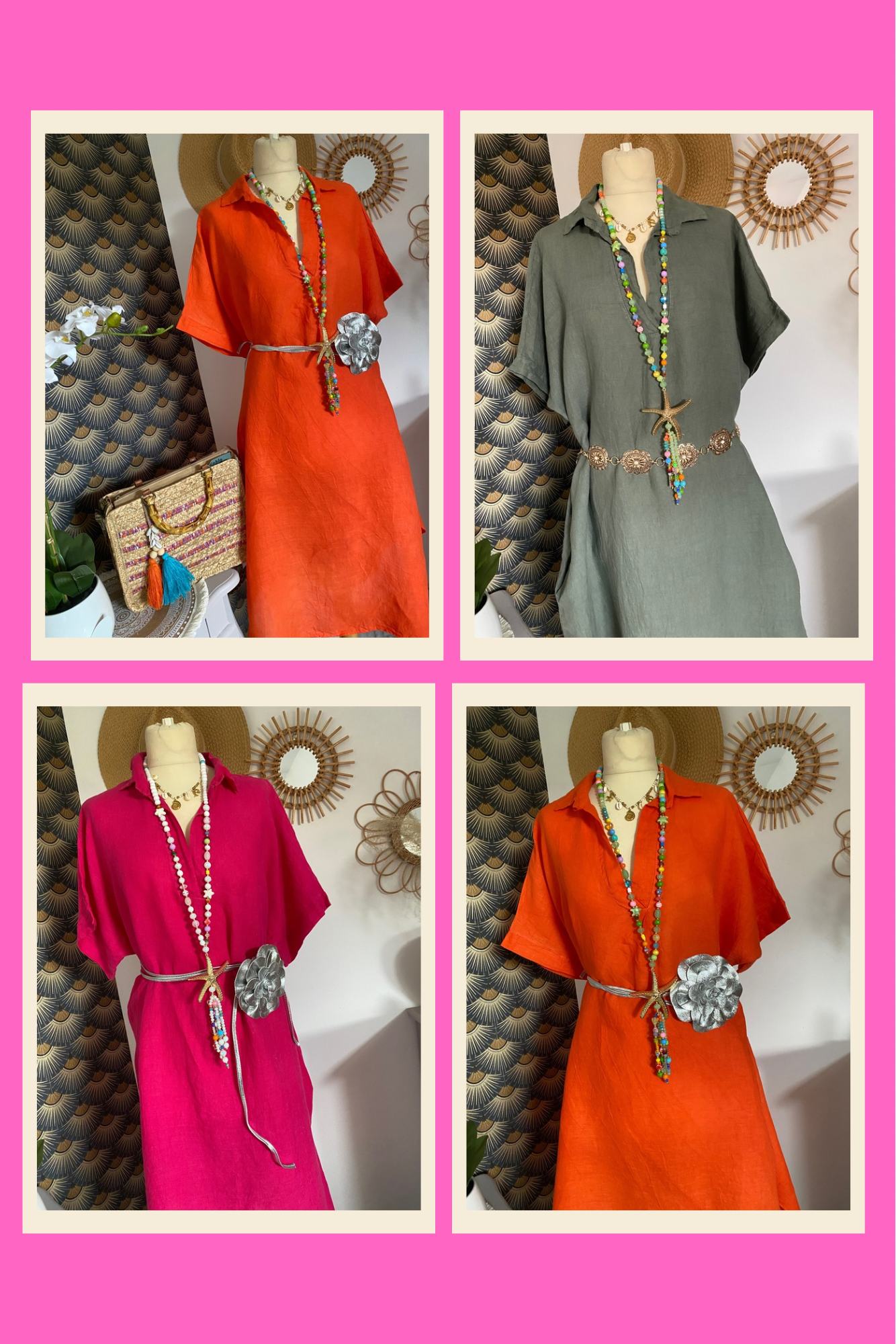 ROBES  LIN BELLE TAILLE  44/48  TROIS COLORIS ( KAKI,FUSHIA , ORANGE )