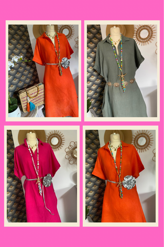 ROBES  LIN BELLE TAILLE  44/48  TROIS COLORIS ( KAKI,FUSHIA , ORANGE )
