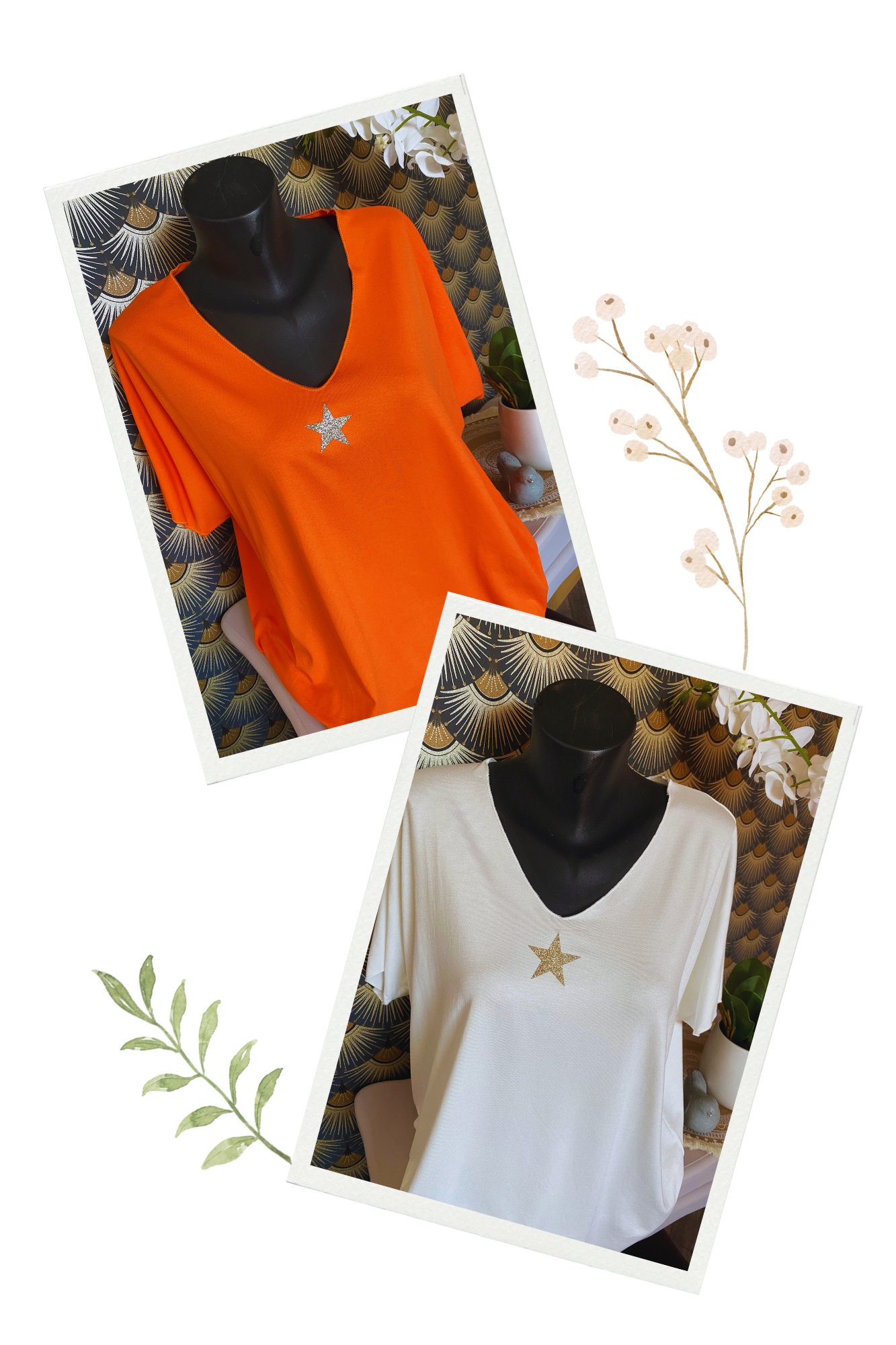 TOP STELLA 42/48  DEUX COLORIS ( BLANC CASSE ET ORANGE)